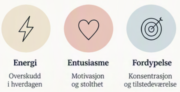 Illustrasjon: Tre symboler som representerer energi, entusiasme og fordypelse. Det som bygger jobbengasjement